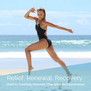Courtney Hancock, Champion Surf Ironwoman, leaping while running on the beach. Caption says 'relief, renewal, recovery'.