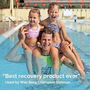 Wes Berg, Aussie Surf Ironman with his children on his shoulders at a pool, Quote: 
