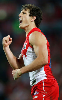 Kurt Tippett AFL in his Sydney Swans jersey pumping air after a win