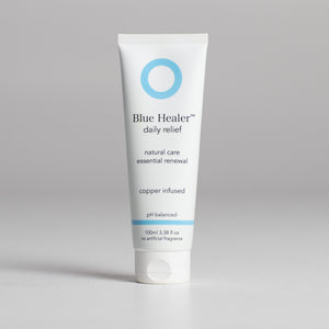 Blue Healer Daily Relief cream for 'natural care, essential renewal, copper infused. pH balanced. No artificial fragrance.' Effective fast relief from discomfort or soreness as it boosts skin's renewal & assists recovery. 