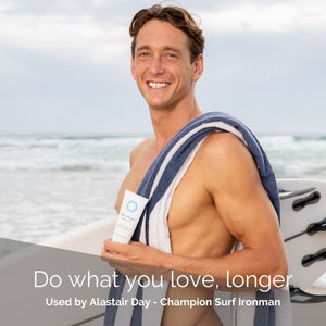 Ali Day a Surf Ironman Champion in 2022, has used Blue Healer Care for six years to help his training and injury recovery routine and for soothing after-sun rejuvenation or muscle massage.